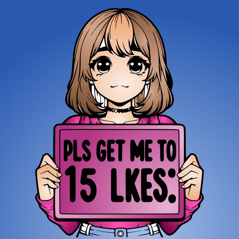 realistic girl holding up a sign that says “pls get me to 15 likes!”