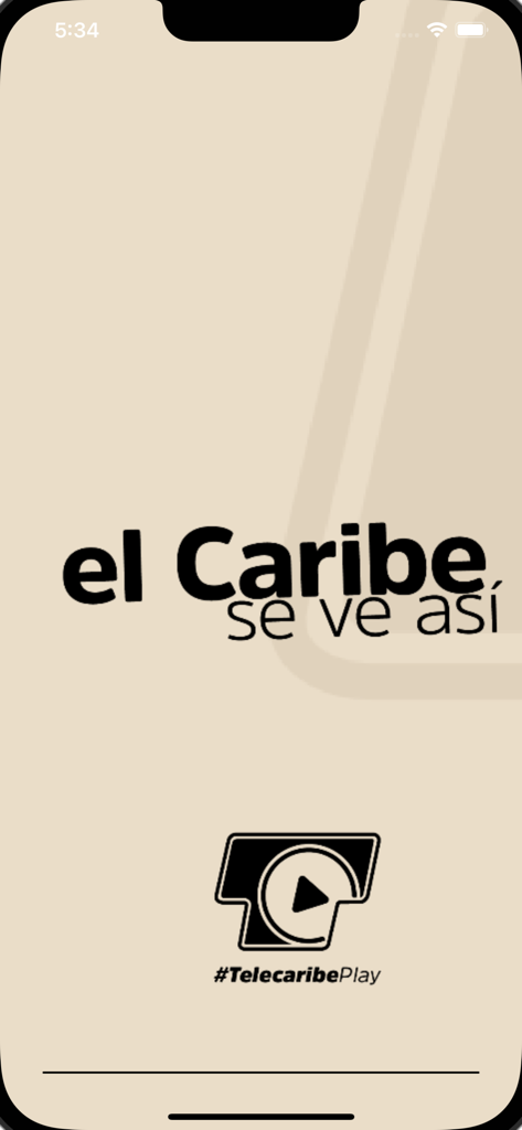 Telecaribe - Pantalla de inicio de la aplicación Telecaribe Play mostrando el logo y el eslogan el Caribe se ve así