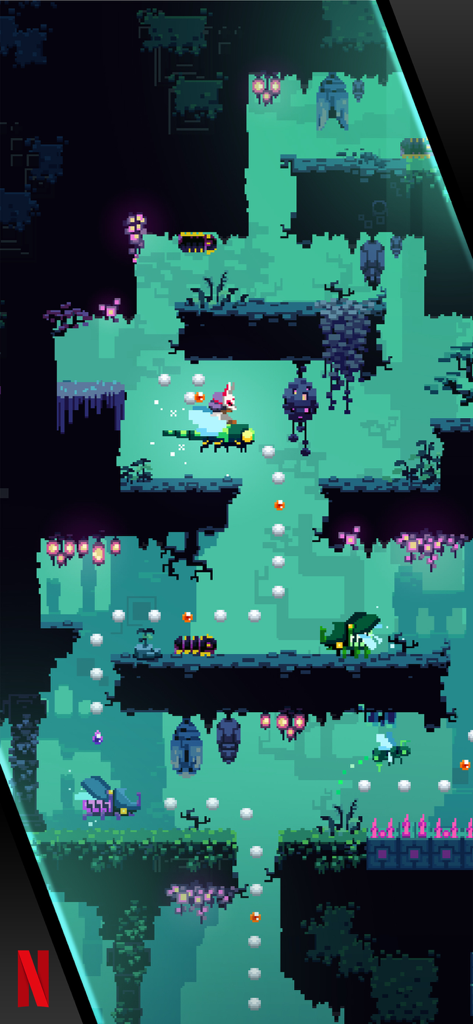 Lucky Luna - Pixel art gameplay of Lucky Luna showing a character flying through a teal-colored dungeon