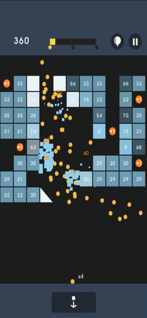 Gameplay screenshot of Bricks Breaker Puzzle showing yellow balls breaking numbered blue bricks.