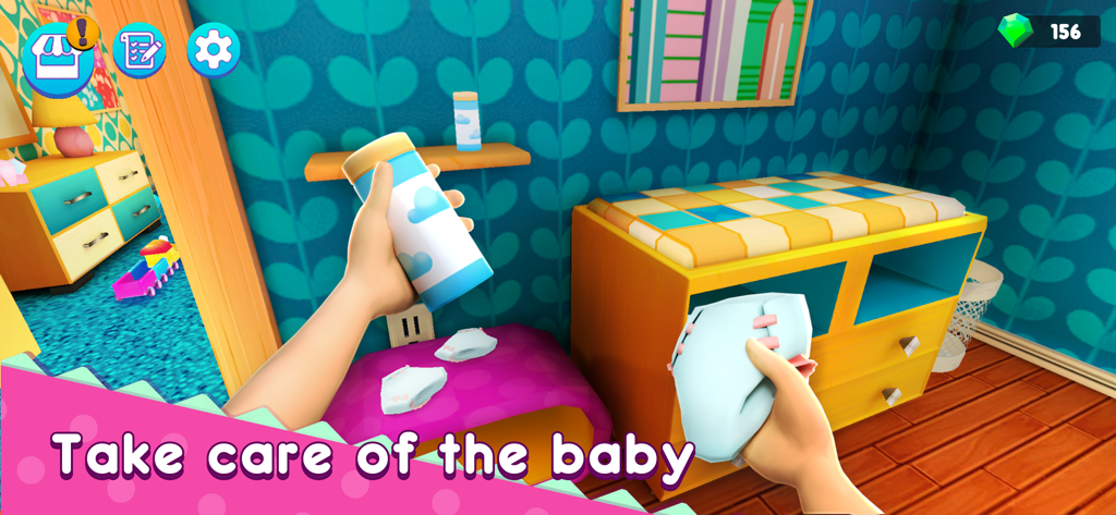 First person view of changing a diaper and using baby powder in the Homemaker Mother Simulator game