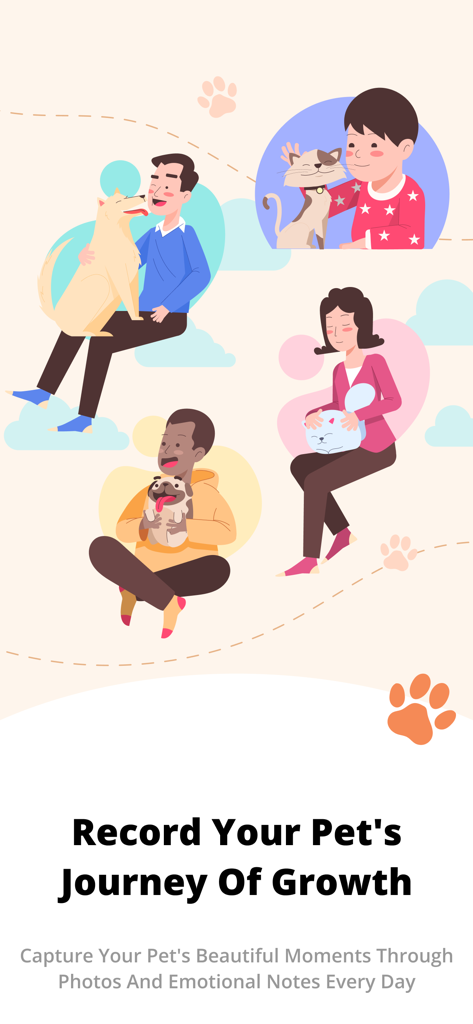 Amar-Capture Pet Beautiful - Illustrations of people and pets with text about recording a pet journey of growth