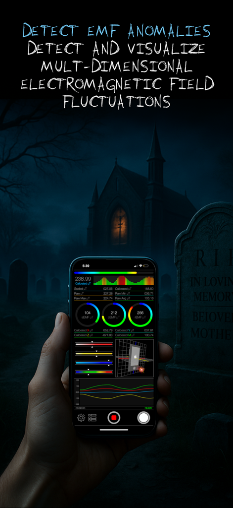 Ghost Science M3 app interface displaying EMF field fluctuations and anomalies in a dark cemetery