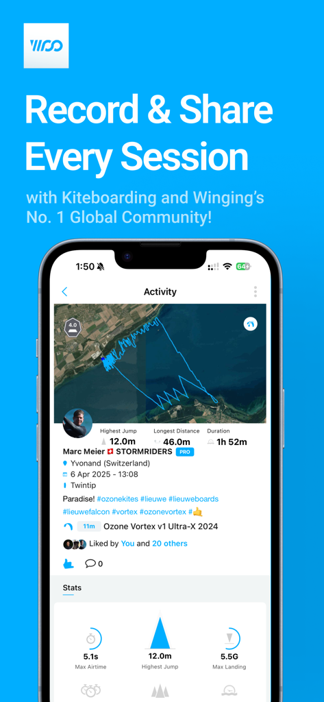 WOO Sports - WOO Sports app screenshot showing a kiteboarding session summary with a GPS map, jump height, airtime, and landing impact statistics.