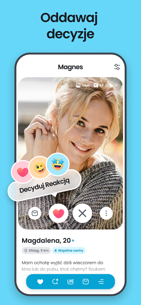 Fotka - dating, chats, streams - Fotka dating app interface showing a woman's profile with options to like, dislike, or react with emojis.