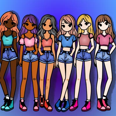a group of girls wearing crop tops and shorts