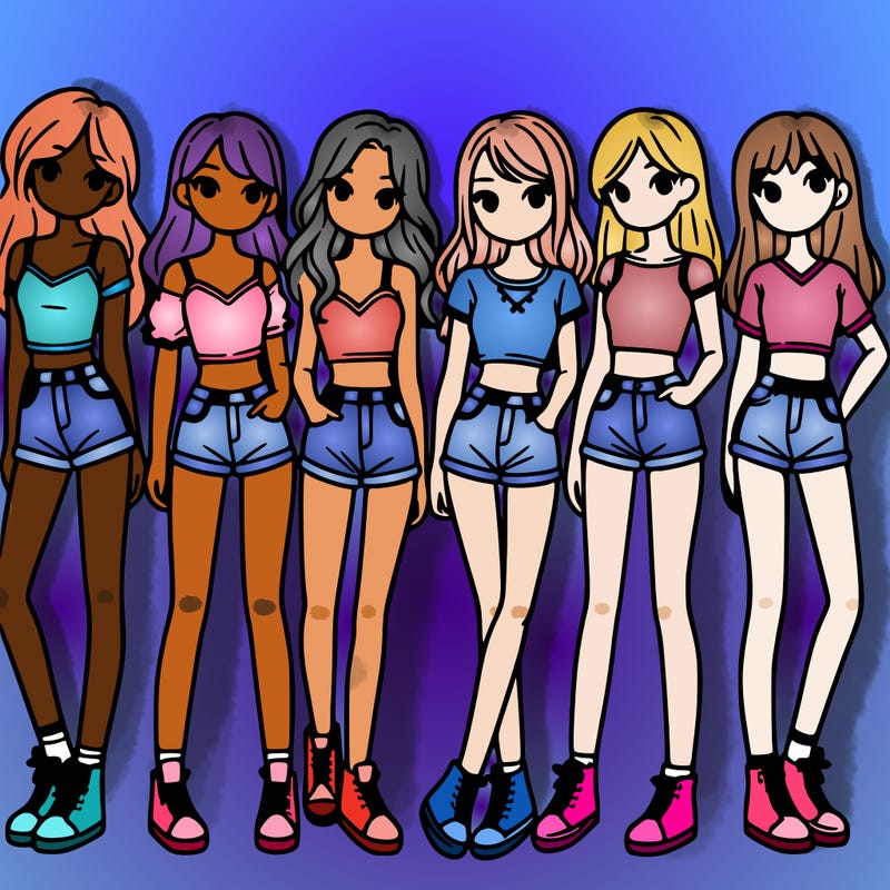 a group of girls wearing crop tops and shorts