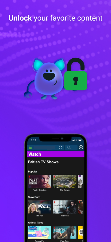 Monster VPN app showing unlocked British TV shows for streaming