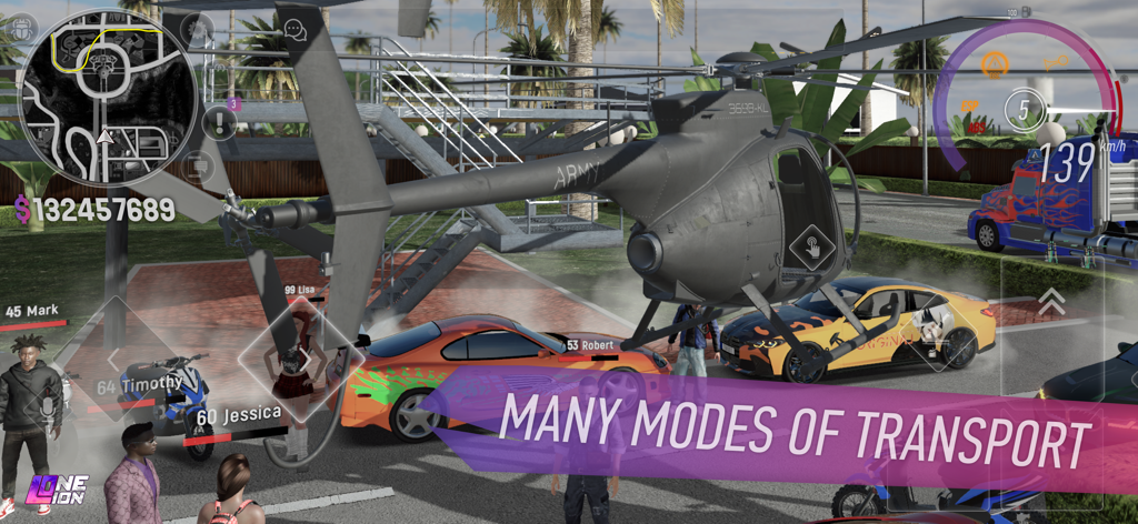 Un elicottero militare nero in volo sopra auto sportive personalizzate e giocatori nel mondo aperto di ONE LION