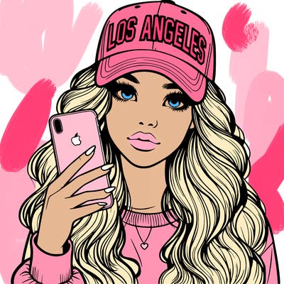 realistic beautiful girl wearing los ángeles cap holding an iphone