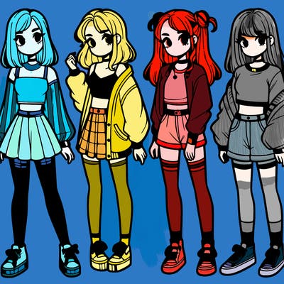 one girl with crop-top shirt and a jacket with a skirt, long socks and another girl with a shirt and pants with a jacket