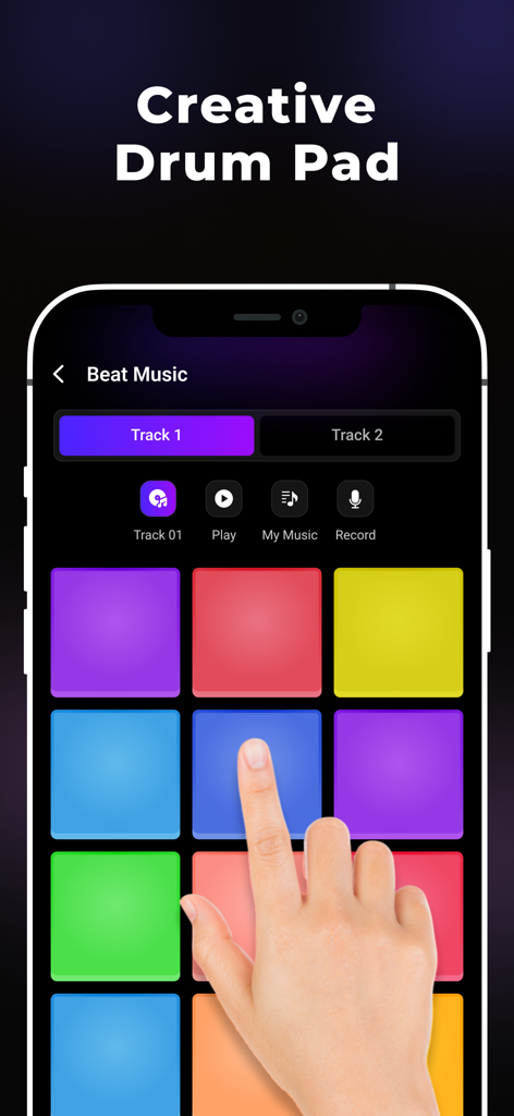 DJ Mixer - AI Vocal Remover - Smartphone screen showing the creative drum pad feature of the DJ Mixer app with a hand tapping a pad