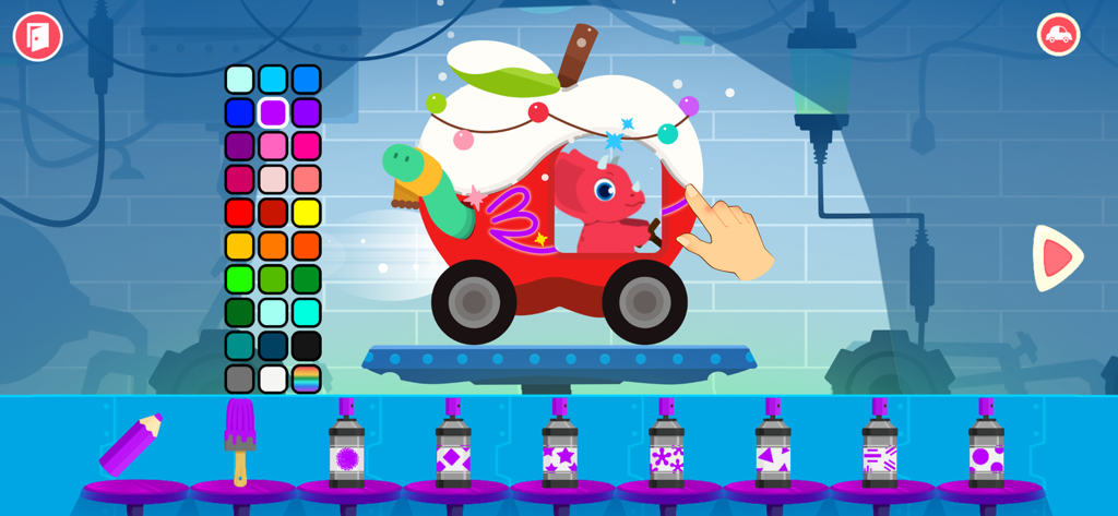 Dinosaur Car games for kids - A dinosaur car customization screen with a color palette and spray cans for toddlers to design their own vehicle