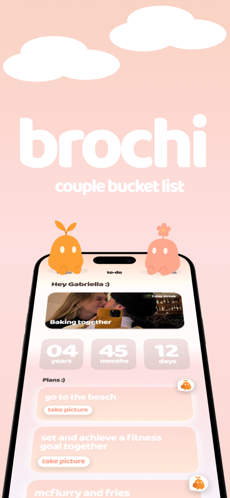brochi: couple bucket list - Smartphone mostrando la pantalla de inicio de la aplicación Brochi con una lista de deseos de pareja y un contador de hitos de relación