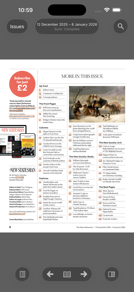 New Statesman & Archive - 다양한 기사 목록 및 카테고리를 표시하는 New Statesman 앱의 목차 페이지