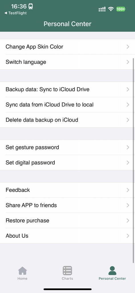 Green Apple Accounting - Personal Center menu in Green Apple Accounting app showing backup and security settings