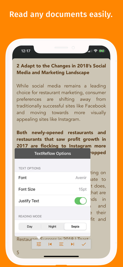 PDF Max - La interfaz de la aplicación PDF Max muestra las opciones de ajuste de texto, incluyendo tamaño de fuente y modo de lectura sepia en un iPhone
