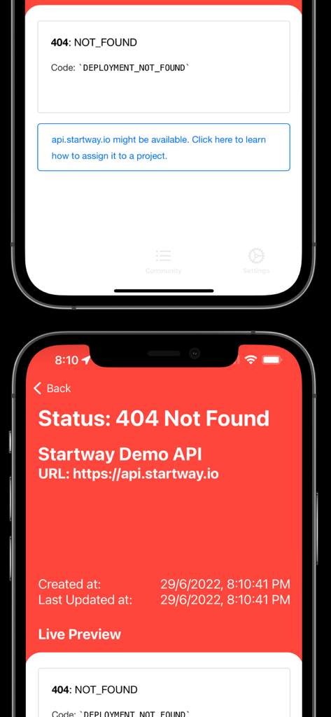 Uma tela de smartphone do aplicativo Web Monitor mostrando um status 404 Not Found para um URL de API