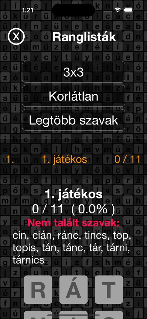 WordsMatrix App-Bestenlistenbildschirm mit Spielerranglisten und fehlenden ungarischen Wörtern