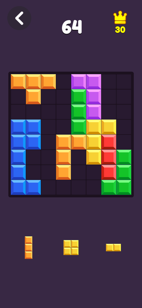 オフラインゲームアプリで、グリッド上の様々な形のブロックパズルのカラフルなゲームプレイ