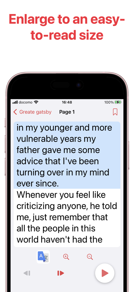 Interface do aplicativo Scan Speak exibindo texto grande e fácil de ler de um romance clássico para acessibilidade