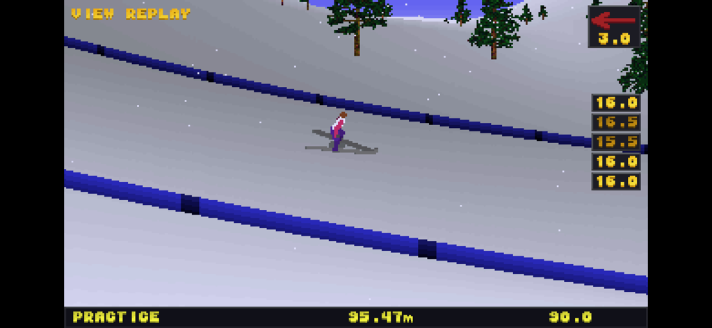 Pantalla de repetición de arte pixelado retro de un salto de esquí en Deluxe Ski Jump 2
