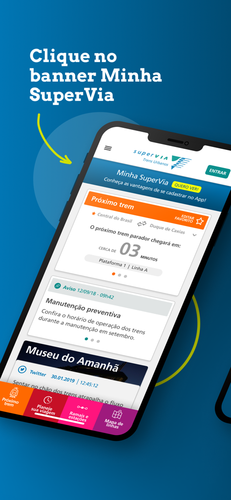 SuperVia mobile app interface showing real-time train arrival times and service updates.