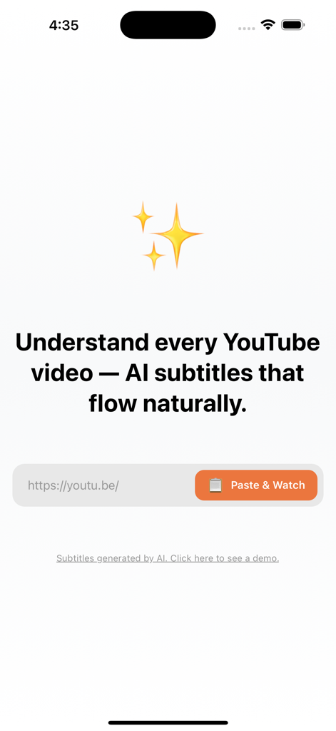 Dual Subtitles for YouTube - Home screen of the Dual Subtitles for YouTube app showing an input field to paste a video link for AI-powered subtitles.