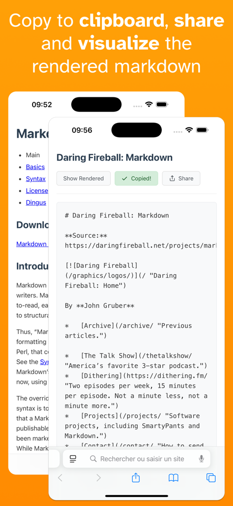 Web HTML to markdown: hmk - Screenshot of the hmk app interface on an iPhone showing a webpage converted into Markdown code with copy and share buttons.