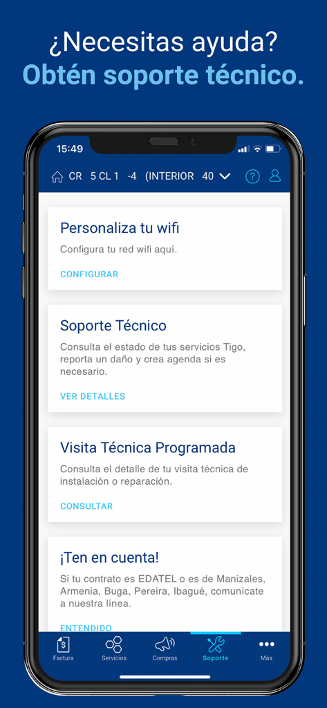 Interfaz de soporte técnico de la app Mi Tigo Colombia mostrando opciones para la personalización de WiFi y la programación de visitas técnicas.