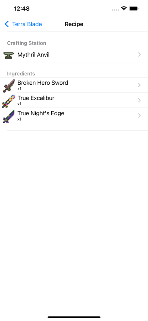 Recette de fabrication de la Lame Terra, avec les ingrédients et l'atelier de fabrication.