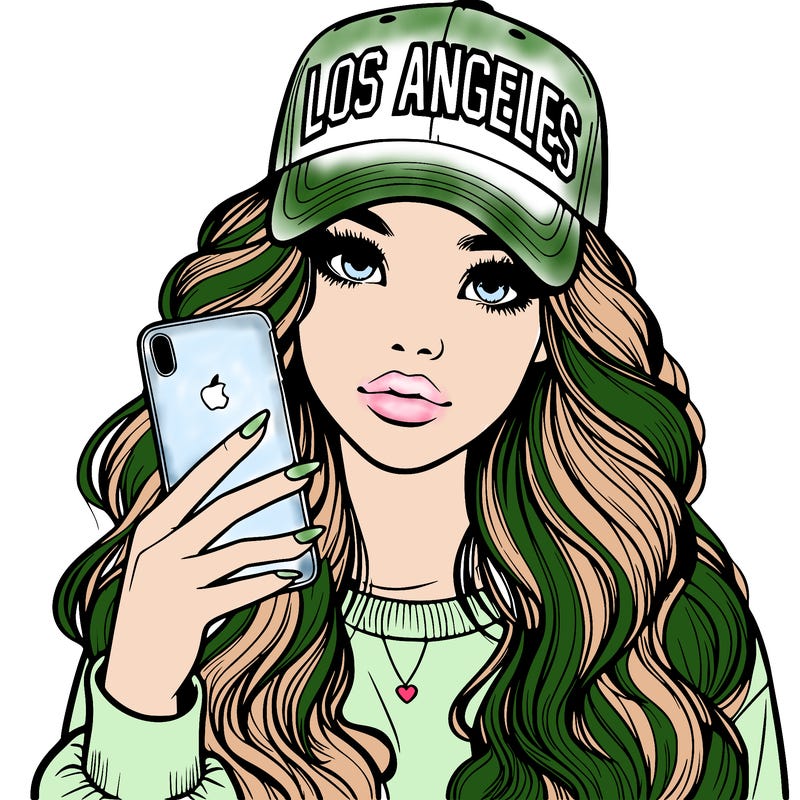realistic beautiful girl wearing los ángeles cap holding an iphone