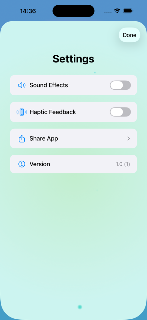 Parity Puzzle - Settings menu of the Parity Puzzle app showing sound and haptic feedback toggles
