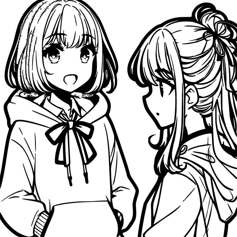 anime girl with shoulder length hair wearing a hoodie talking to another girl with shoulder length hair wearing a hoodie