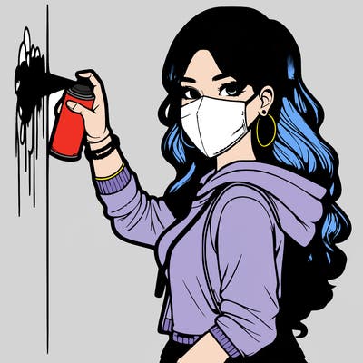 realistic girl with mask spray painting a wall