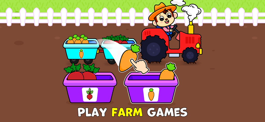 Una scimmia che guida un trattore in un gioco di smistamento di verdure per bambini piccoli