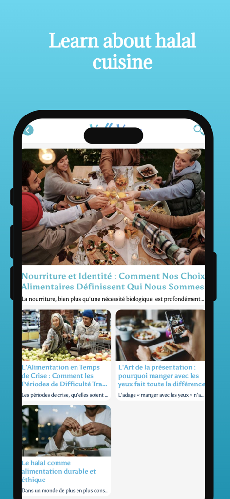 Pantalla de la aplicación Yalla Yum que muestra varios artículos sobre la cultura y la ética de la cocina halal