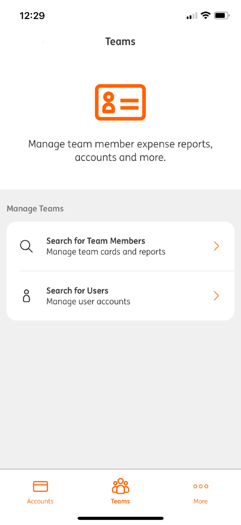ING Commercial Card - ING Commercial Card app teams screen for managing team member expense reports and accounts
