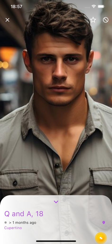 A user profile screen on the myBOY gay dating app showing a man's photo and location information