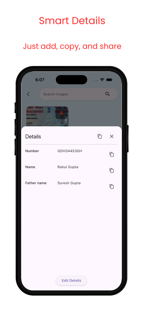 Smartphone screen showing document details and metadata management in the DocVault app