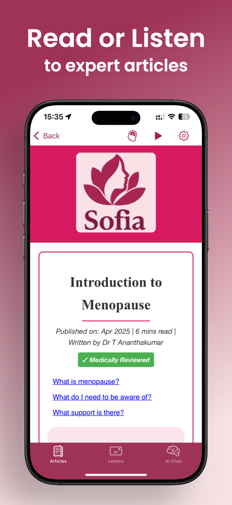 Sofia AI app interface showing a medically reviewed article titled Introduction to Menopause.