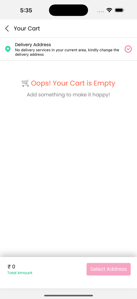 Shino - Shop Local. Fast. - Empty cart screen in the Shino app with a delivery address warning