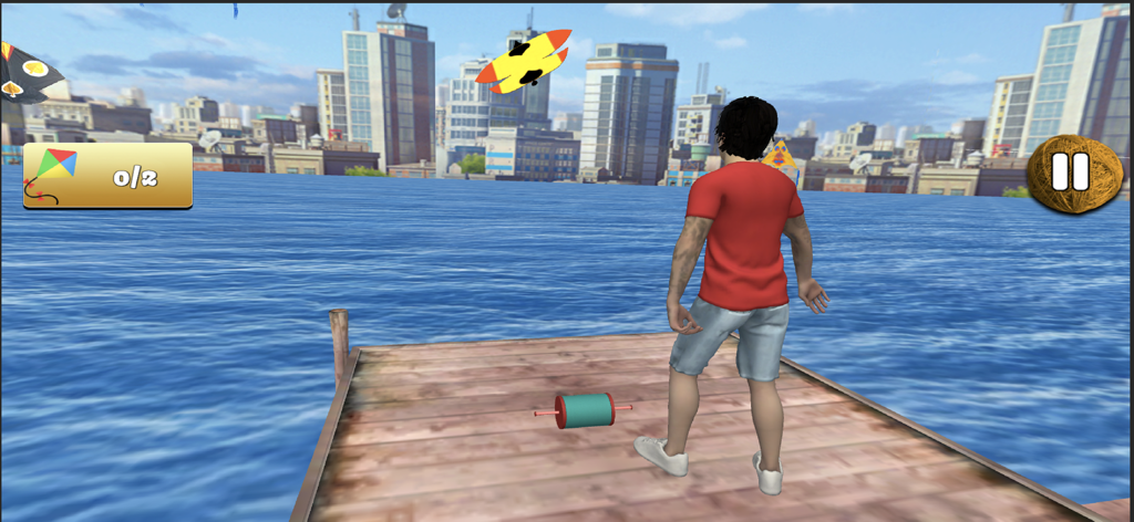 Pipa Combate 3D - Beach Kite - A man flying a kite from a dock over water in the Pipa Combate 3D simulation game.