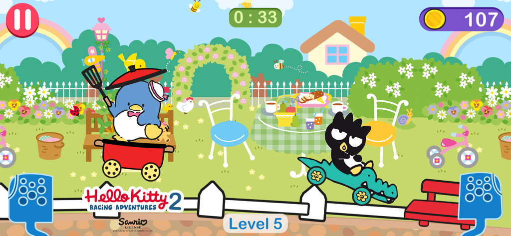 Hello Kitty car games for girl - Badtz Maru and Tuxedo Sam racing cars in a colorful garden level