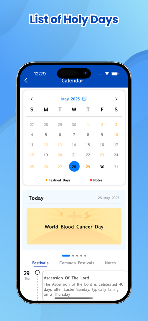 Calendar view in the Nepali Holy Bible app displaying religious festivals and holy days