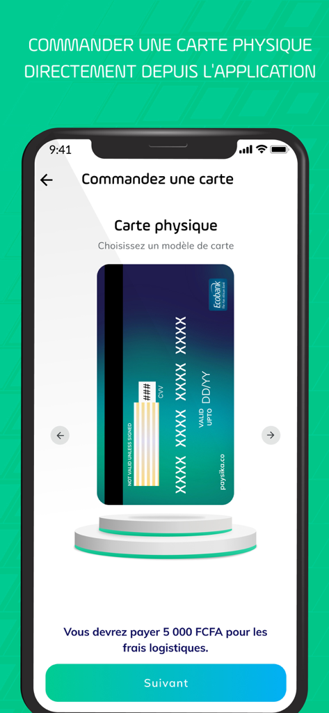 Interface showing the step to order a physical bank card within the PaySika app.