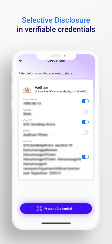 DigiLocker 앱 인터페이스, Aadhaar 카드 세부 정보 안전하게 공유하기 위한 선택적 공개 옵션 표시