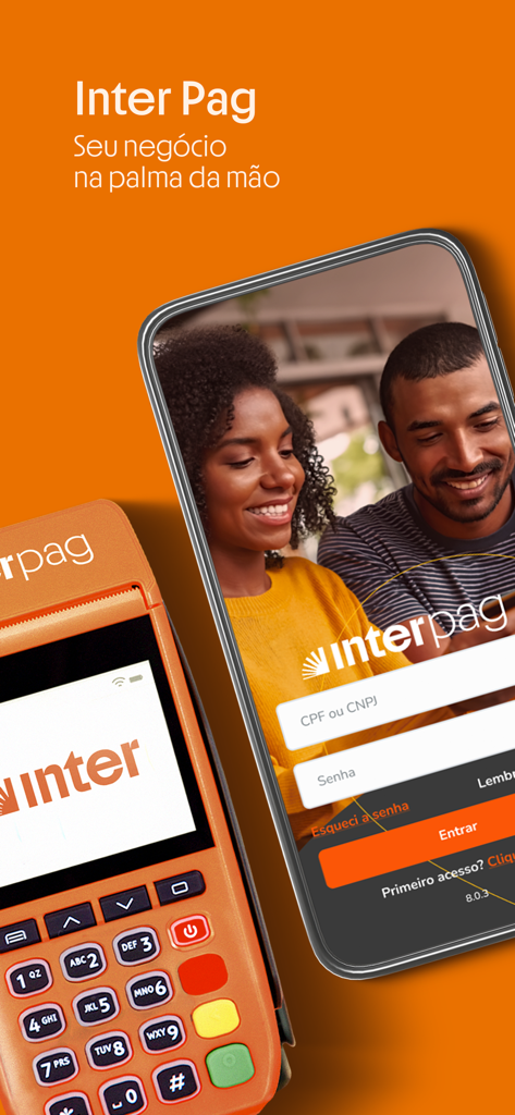 Inter Pag login screen on a smartphone beside an orange credit card reader.
