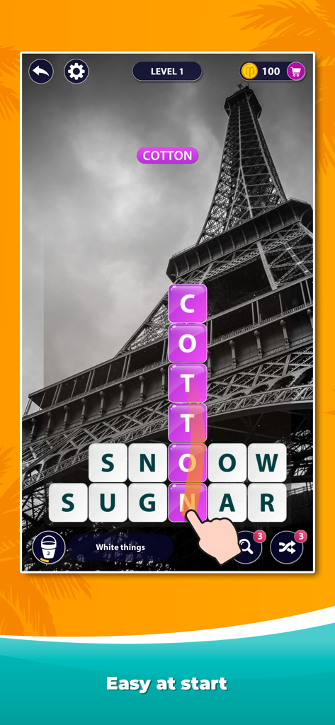 Word Surf 앱의 게임 플레이로, 'cotton'이라는 단어가 스와이프되는 단어 찾기 퍼즐을 보여줍니다.