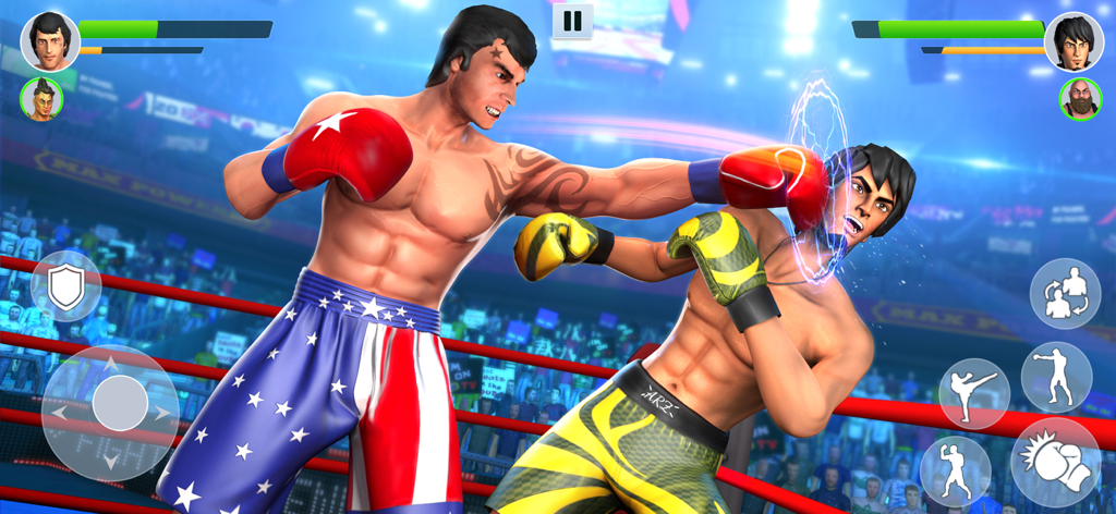 Boxing Games : KO Punch Fight - Dos boxeadores luchando en un ring 3D con un fondo de público en Boxing Games KO Punch Fight.